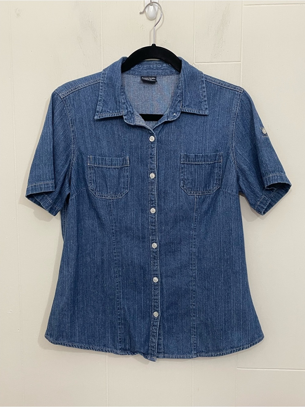 Short Sleeve Button Up Denim Shirt Women's Size M Blue Cotton Roll Tab Sleeves